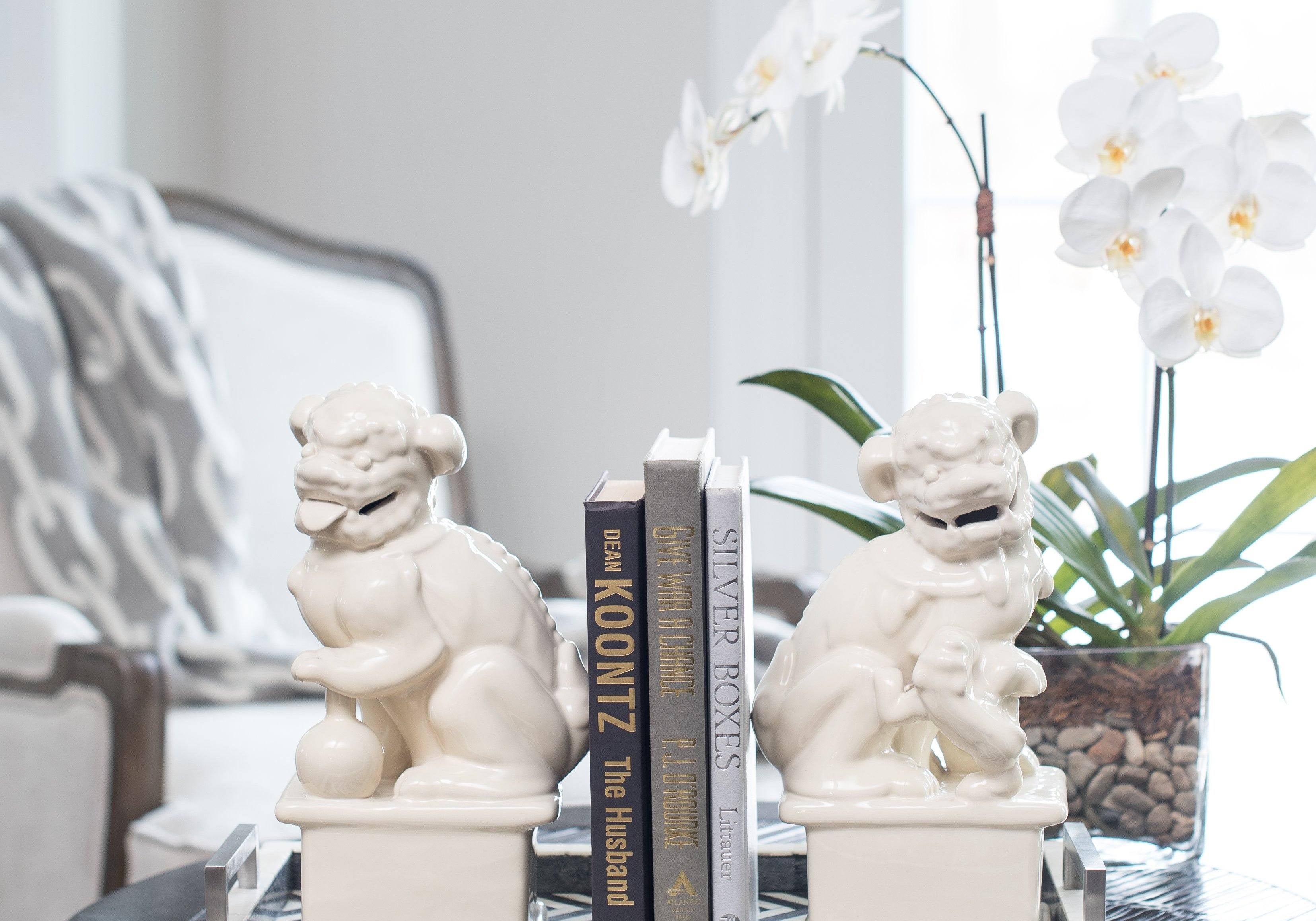 Foo Dog Bookends, Antique Books, Chevron Tray, Orchid