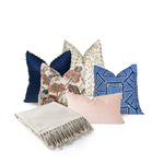 Blushing throw pillow and blanket set, blue, pink, ivory