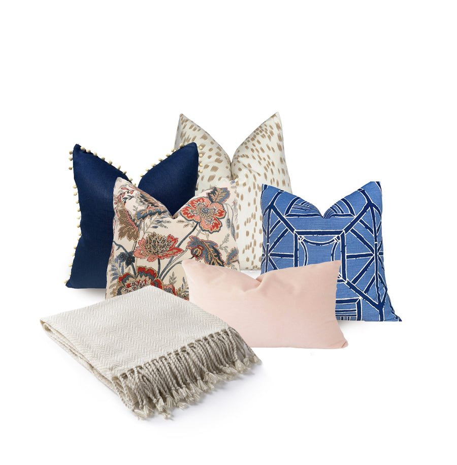 Blushing throw pillow and blanket set, blue, pink, ivory
