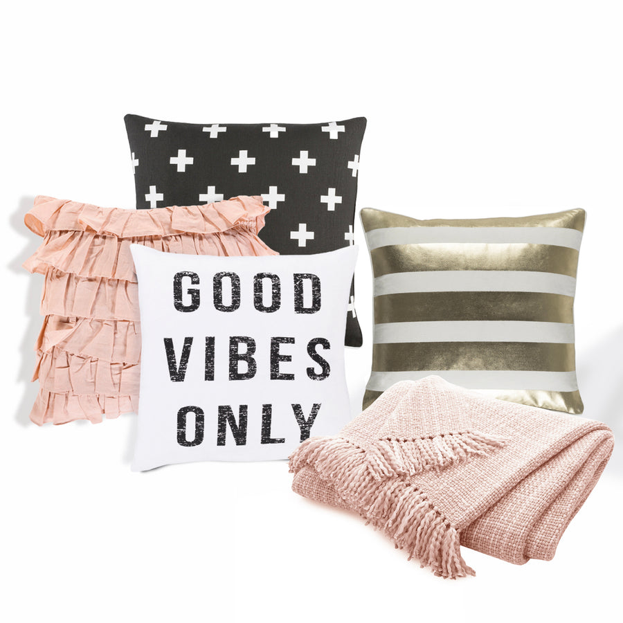GOOD VIBES ONLY 5PC SOFA SET (Ruched Pillow) 4 Pillows & Throw Blanket