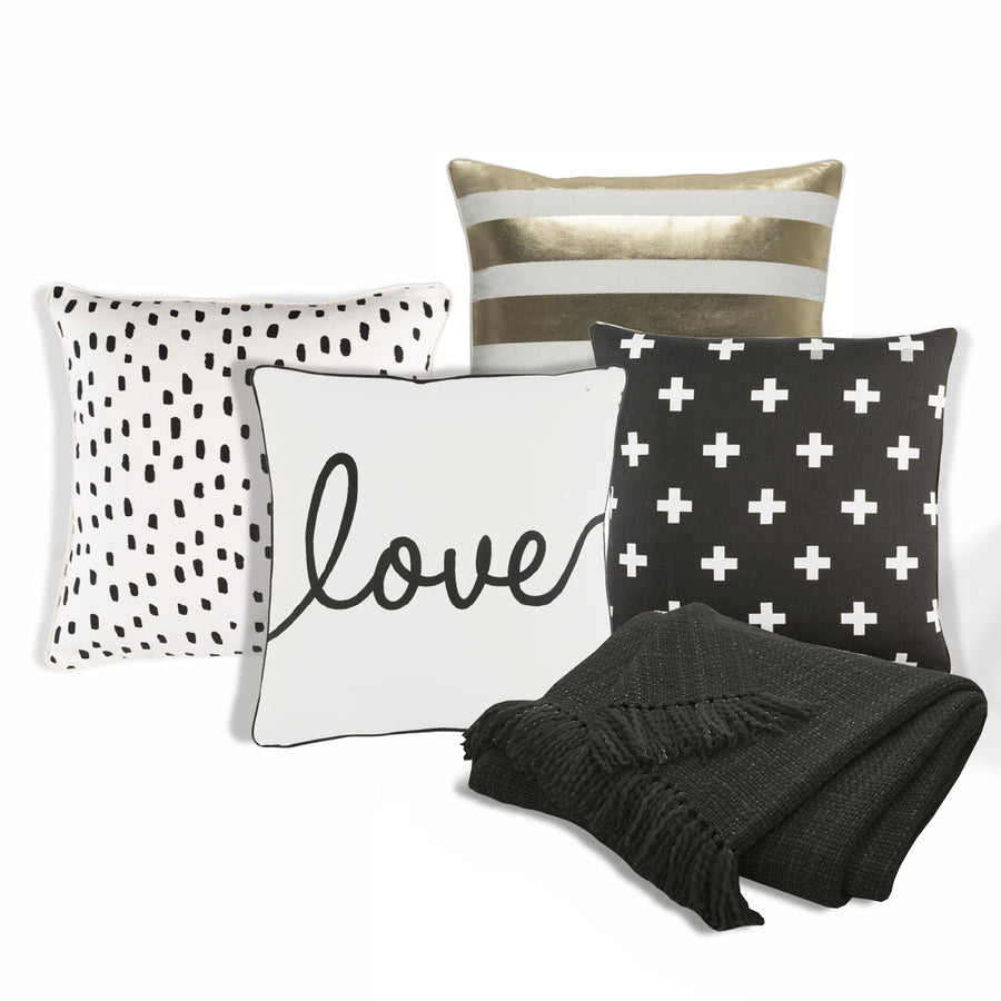 LOVE WITH BLACK TRIM 5PC PILLOW AND THROW SET