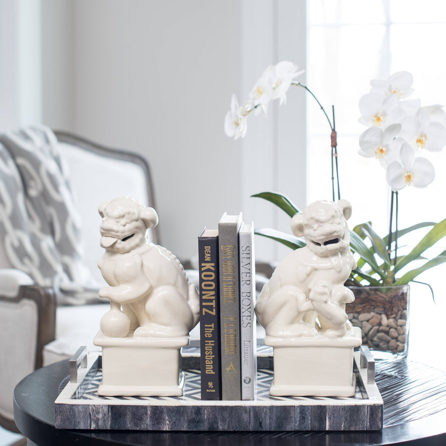 Foo Dog Bookends, Antique Books, Chevron Tray, Orchid